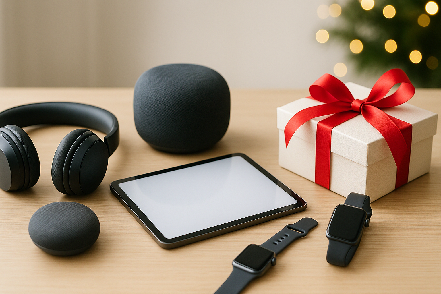 Holiday 2025 tech gifts and gadgets on a festive table